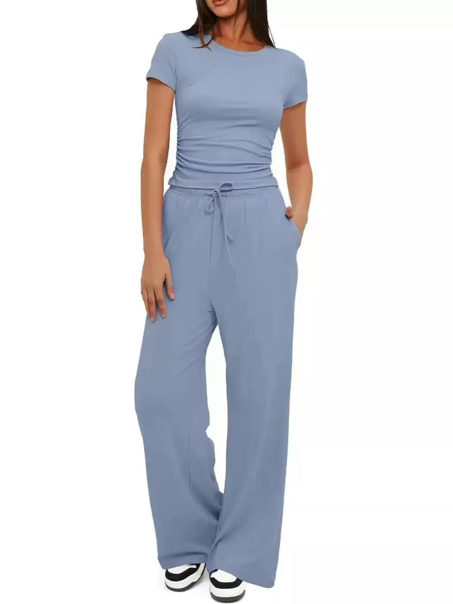 Ruched Short-sleeve Pants in Light Gray