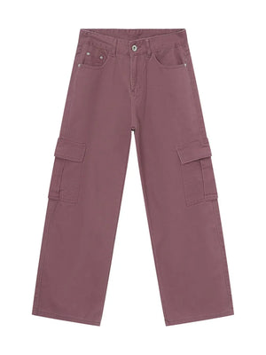 Oversized cargo denim trousers in Moonlit Mauve with utility pockets and a relaxed fit.