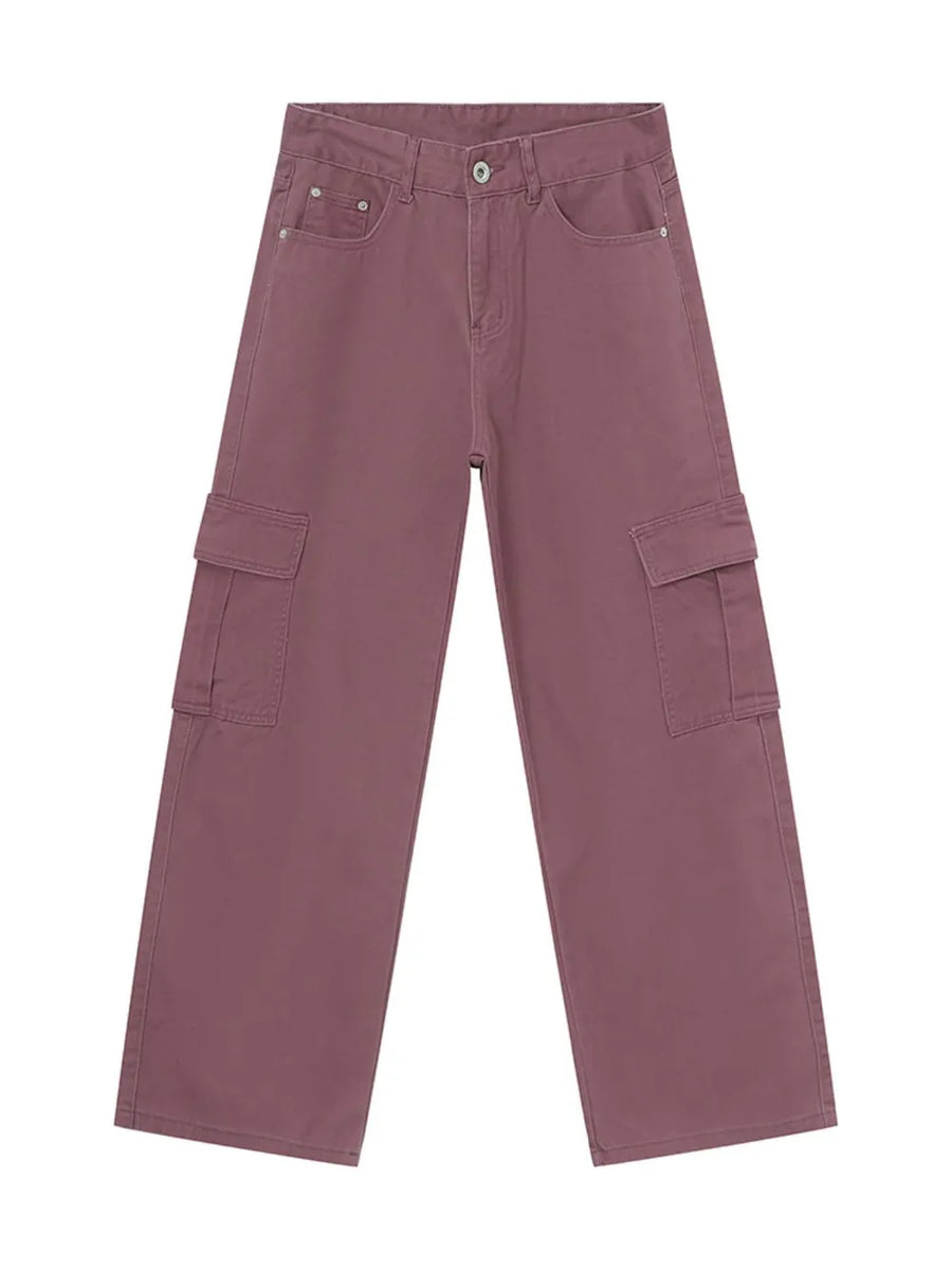 Oversized cargo denim trousers in Moonlit Mauve with utility pockets and a relaxed fit.