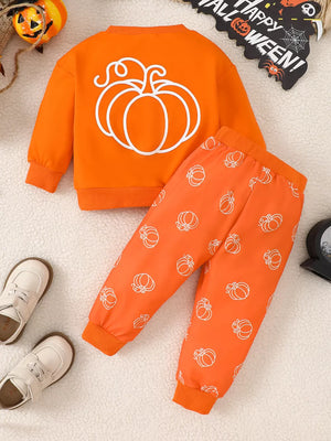 orange Sweatshirt and Pants Set with elastic waist and long sleeve