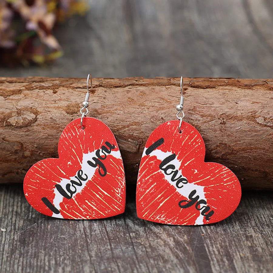 Red heart drop earrings with kiss print and "I love you" text