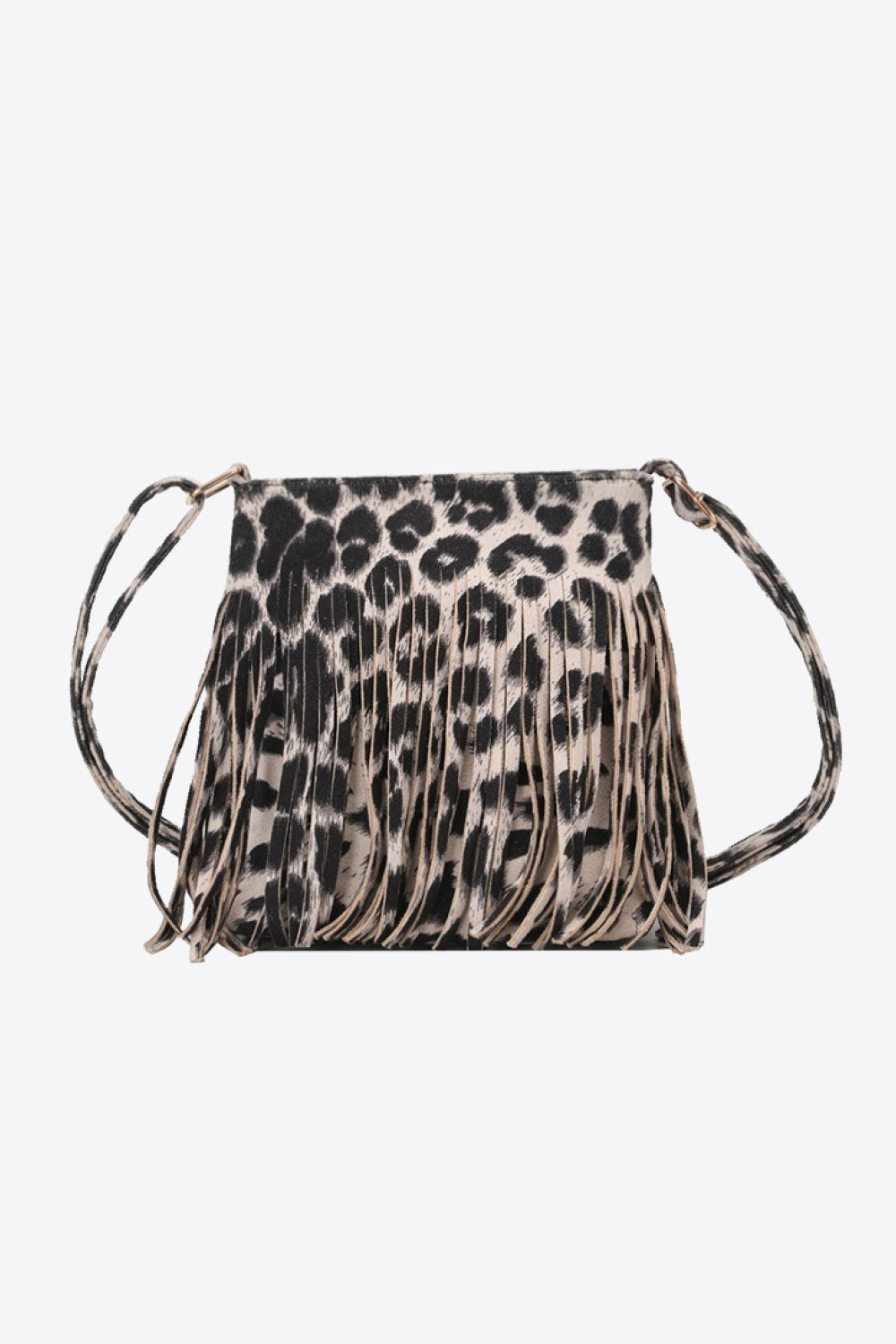 Leopard print crossbody bag with fringe detail and adjustable strap.