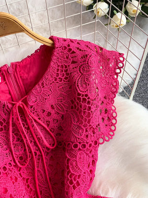 Fuchsia pink lace A-line dress with cutout detail and tie neckline.
