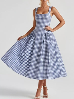Plaid square neck midi dress in light blue with a-line skirt and gathered waist detail.