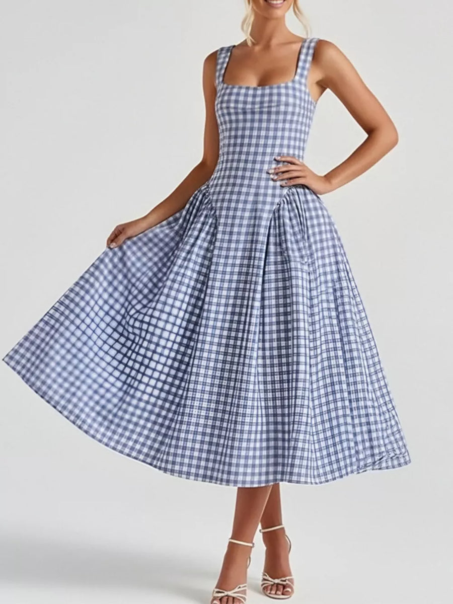 Plaid square neck midi dress in light blue with a-line skirt and gathered waist detail.