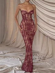 Burgundy lace sweetheart neckline maxi dress with vertical stripe detailing.
