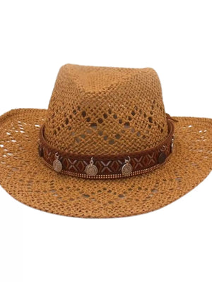 Women's woven straw cowboy hat in caramel with decorative band and coin charms