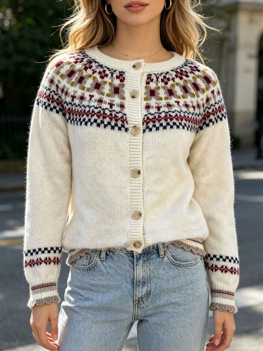 burgundy cardigan featuring buttoned and Fair Isle
