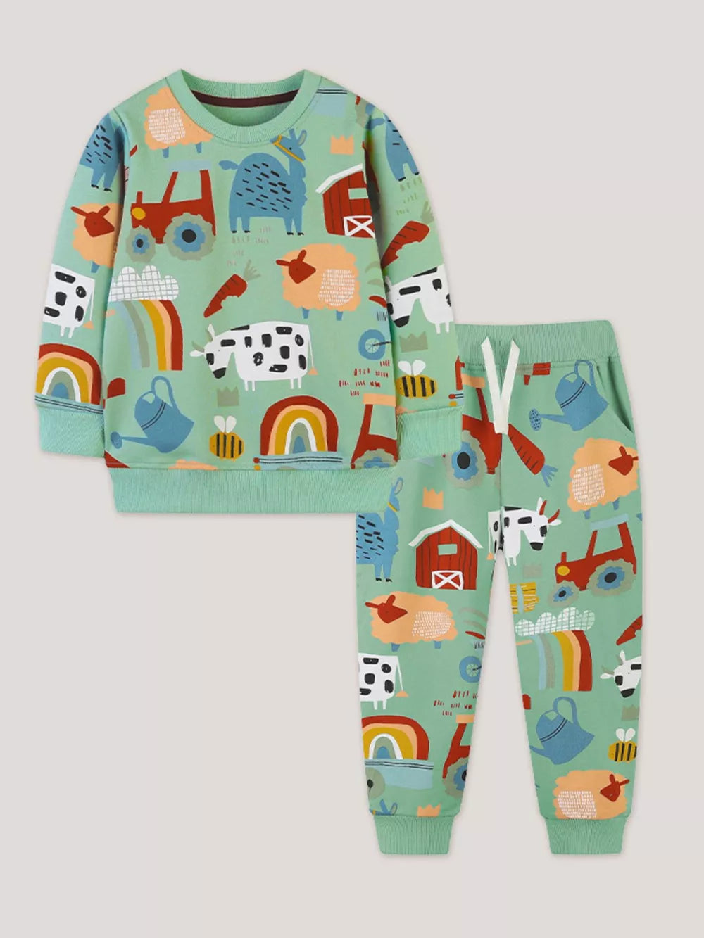 Green cotton toddler farm animal print sweatshirt and joggers set with rainbows, tractors, sheep, cows, and bees.