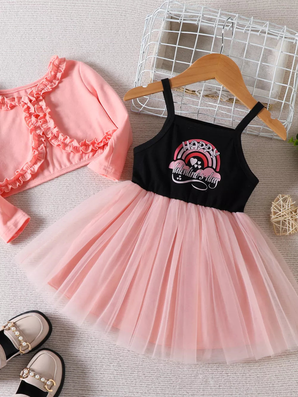 Pink Children's Frill Cardigan And Tulle Dress Set