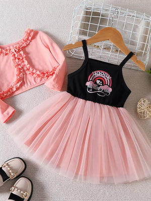 Pink Children's Frill Cardigan And Tulle Dress Set