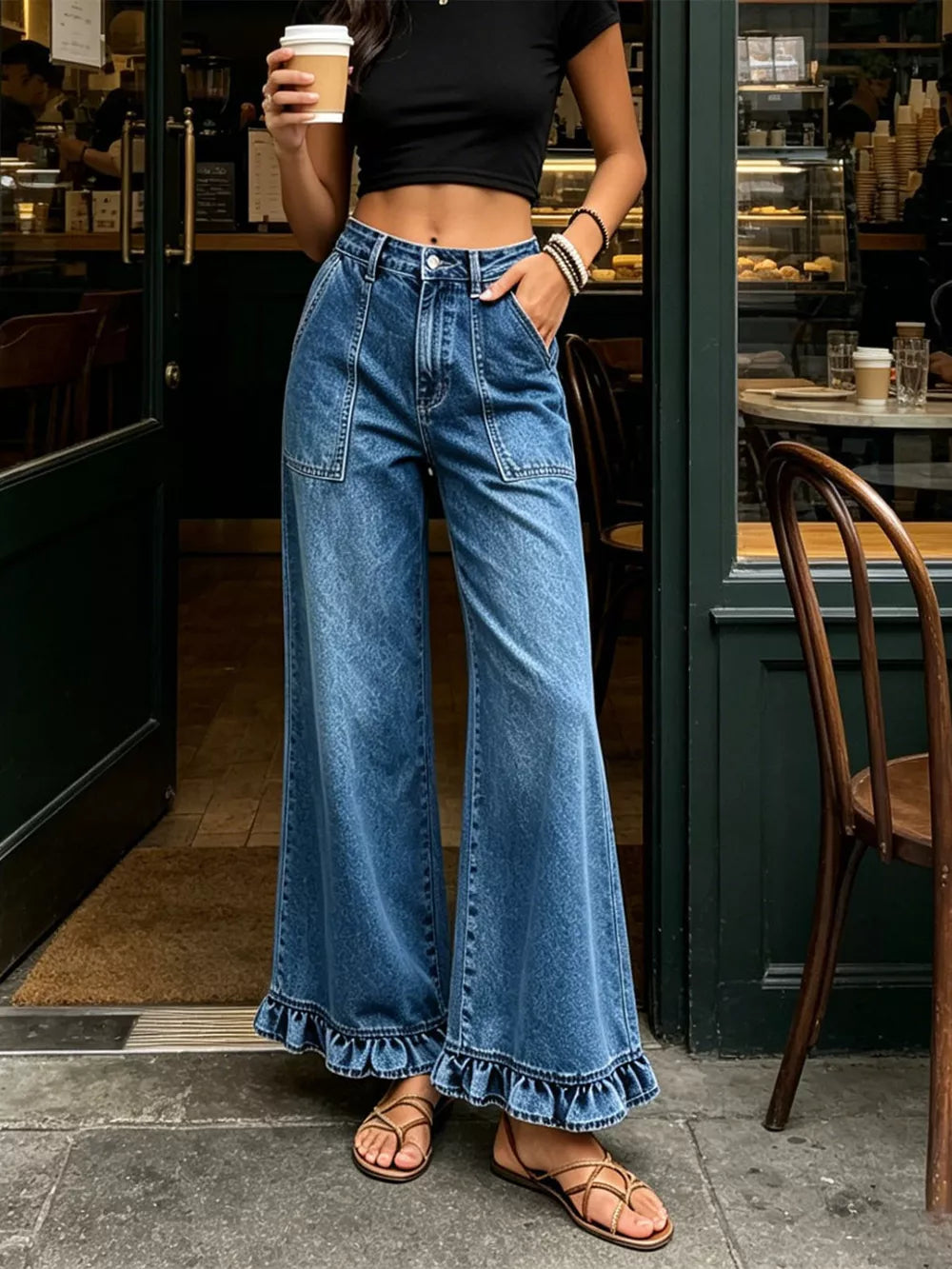 High-waisted Wide-leg Ruffle Hem Jeans in black with pocketed