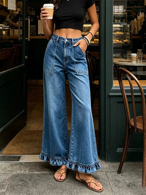 High-waisted Wide-leg Ruffle Hem Jeans in black with pocketed