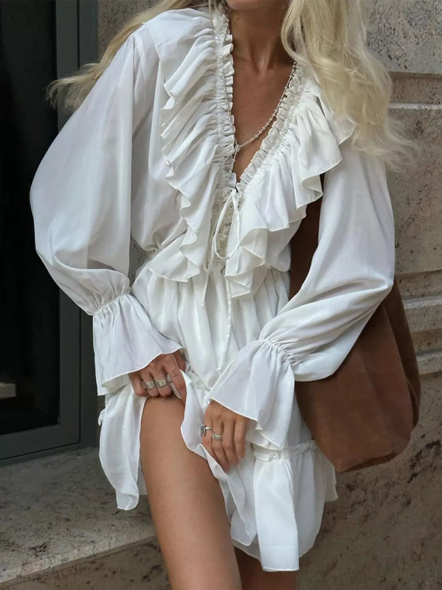 mini dress in white featuring frill and A-line fit