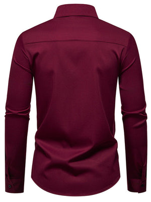 Wine red cotton long sleeve buttoned shirt with asymmetrical ruched detail.