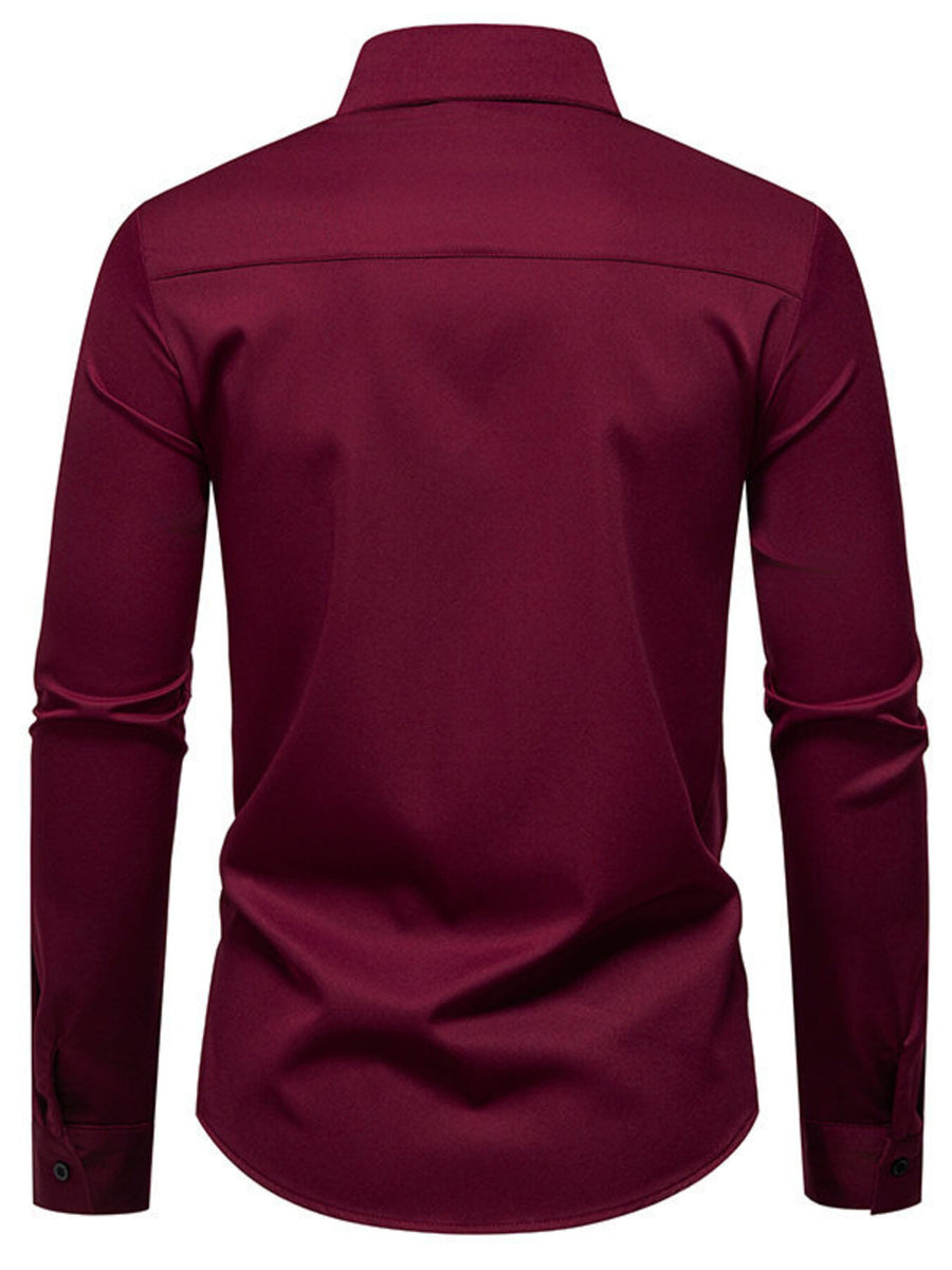 Wine red cotton long sleeve buttoned shirt with asymmetrical ruched detail.