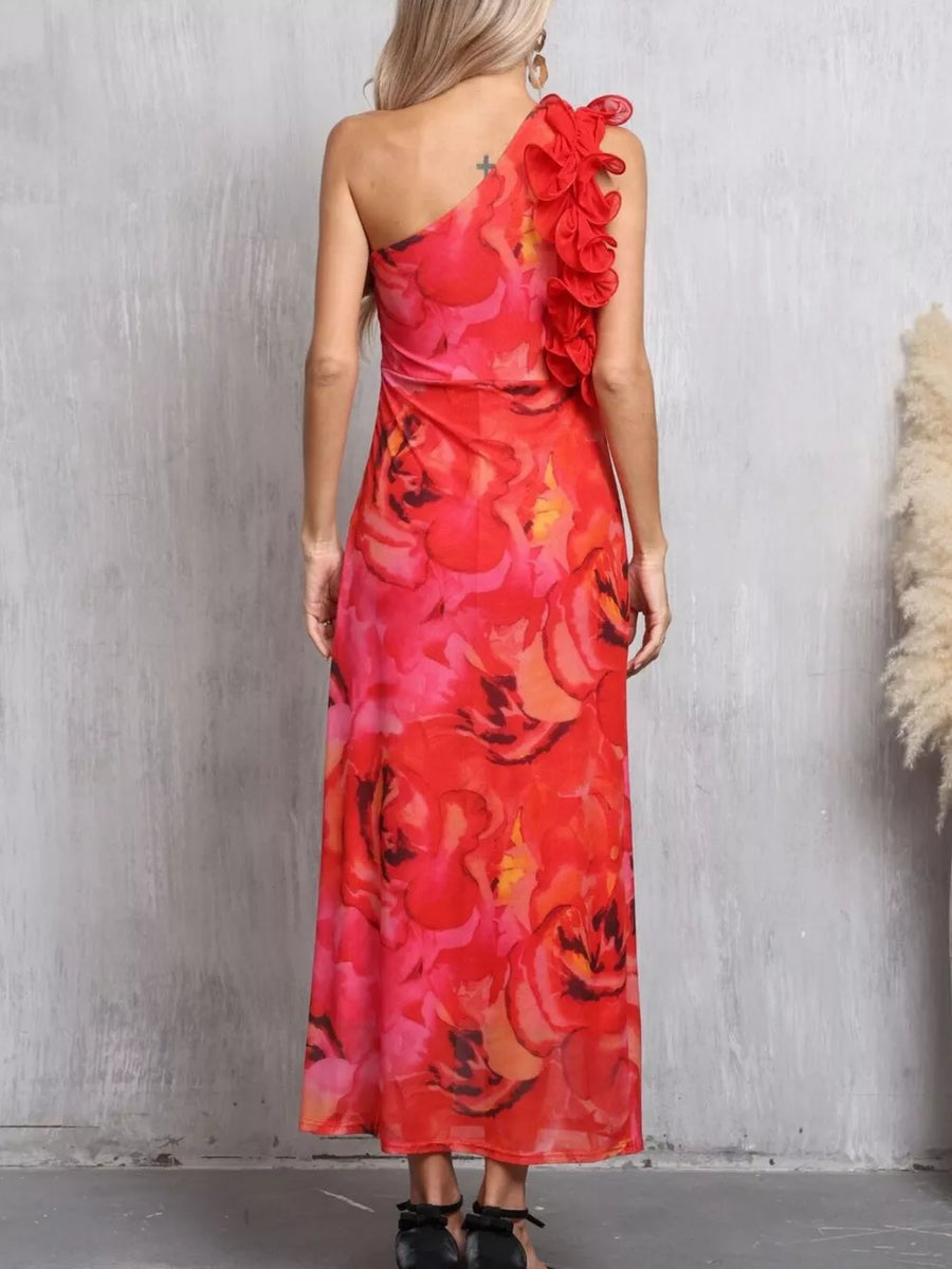 Floral one shoulder maxi dress with ruffled detail and red floral print.