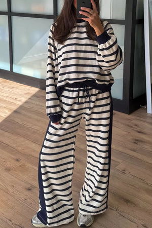 navy blue lounge set featuring drawstring waist and striped, color-block