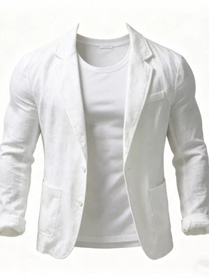 White long sleeve blazer with lapel collar and two front pockets, worn over a t-shirt.
