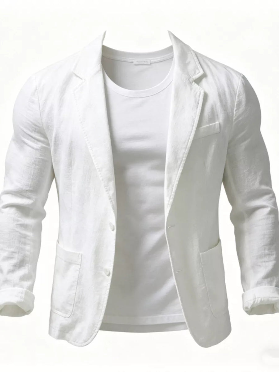 White long sleeve blazer with lapel collar and two front pockets, worn over a t-shirt.