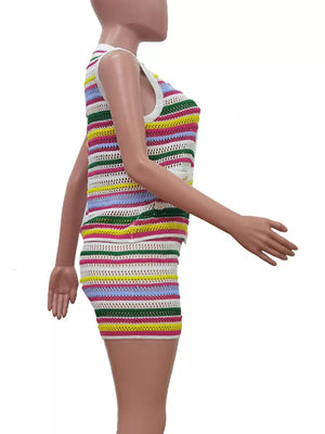 Crochet knit two-piece set with colorful stripes, sleeveless top, and shorts.