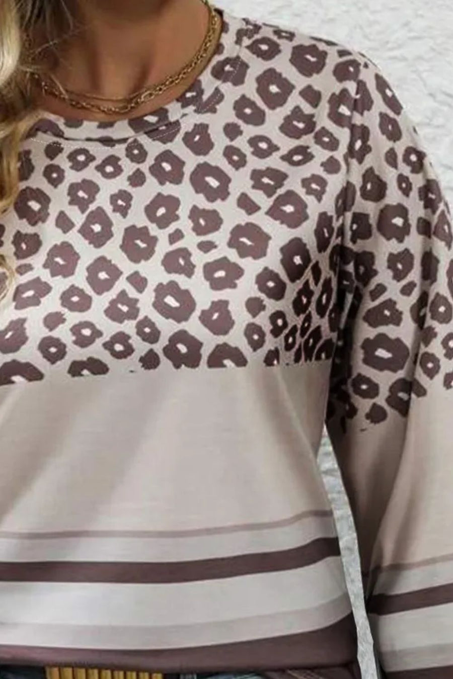 Leopard blocked stripe crewneck top with crew neckline and long sleeves.