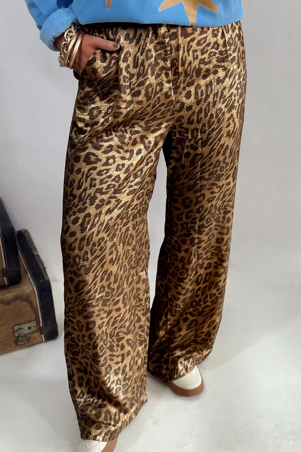golden brown wide-leg pants with leopard-print and N/A