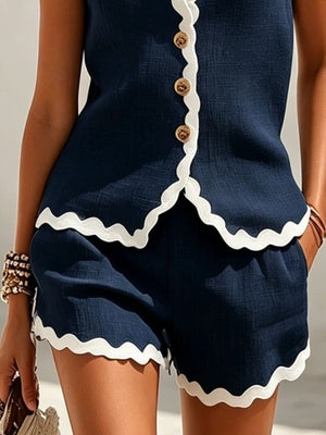 Contrast Scalloped Trim Sleeveless Top And Shorts Set in Taupe