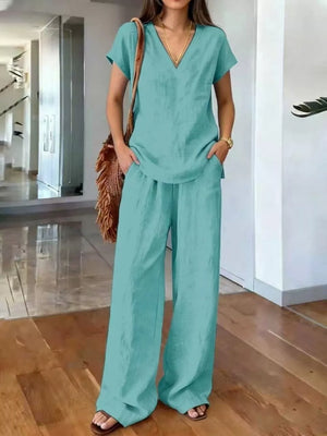Sea blue Full Size V-neck Short Sleeve Top And Pants Set
