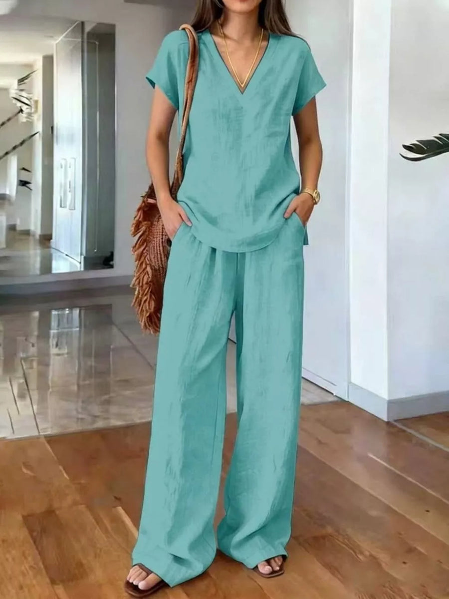 Sea blue Full Size V-neck Short Sleeve Top And Pants Set
