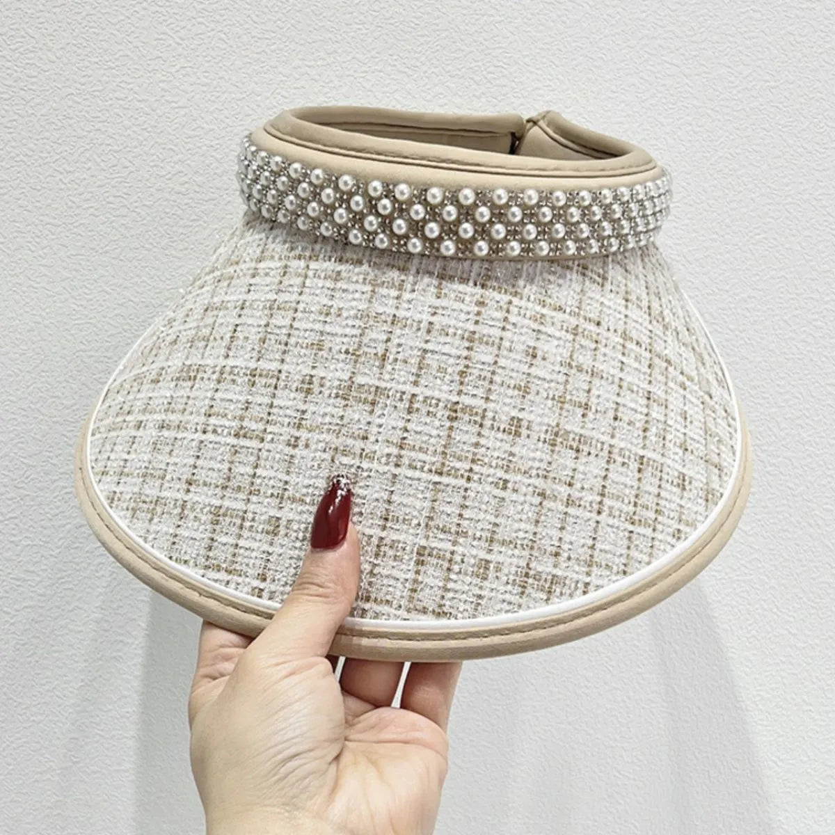 Beige tweed visor with pearl and rhinestone embellished band