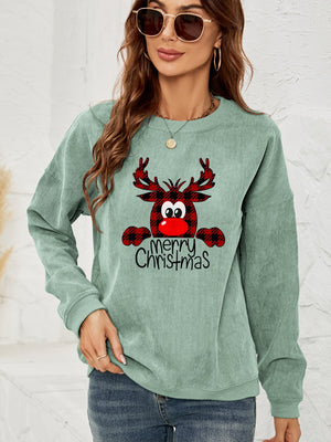 Misty Blue corduroy sweatshirt with a festive reindeer graphic and Merry Christmas text.