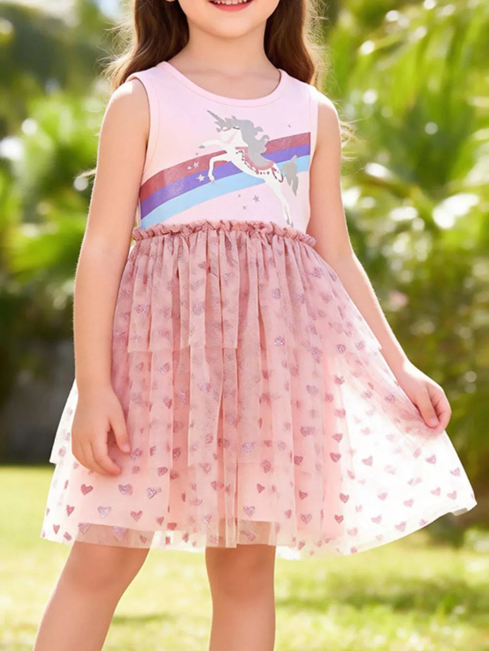 Pink unicorn dress with rainbow graphic and glitter heart tulle skirt