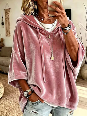 Velvet Loose Fit Hoodie With Drawstring in Black