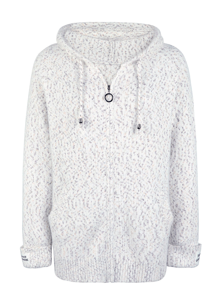 Textured knit zip-up hoodie in white with speckled detail and logo tab on cuff.