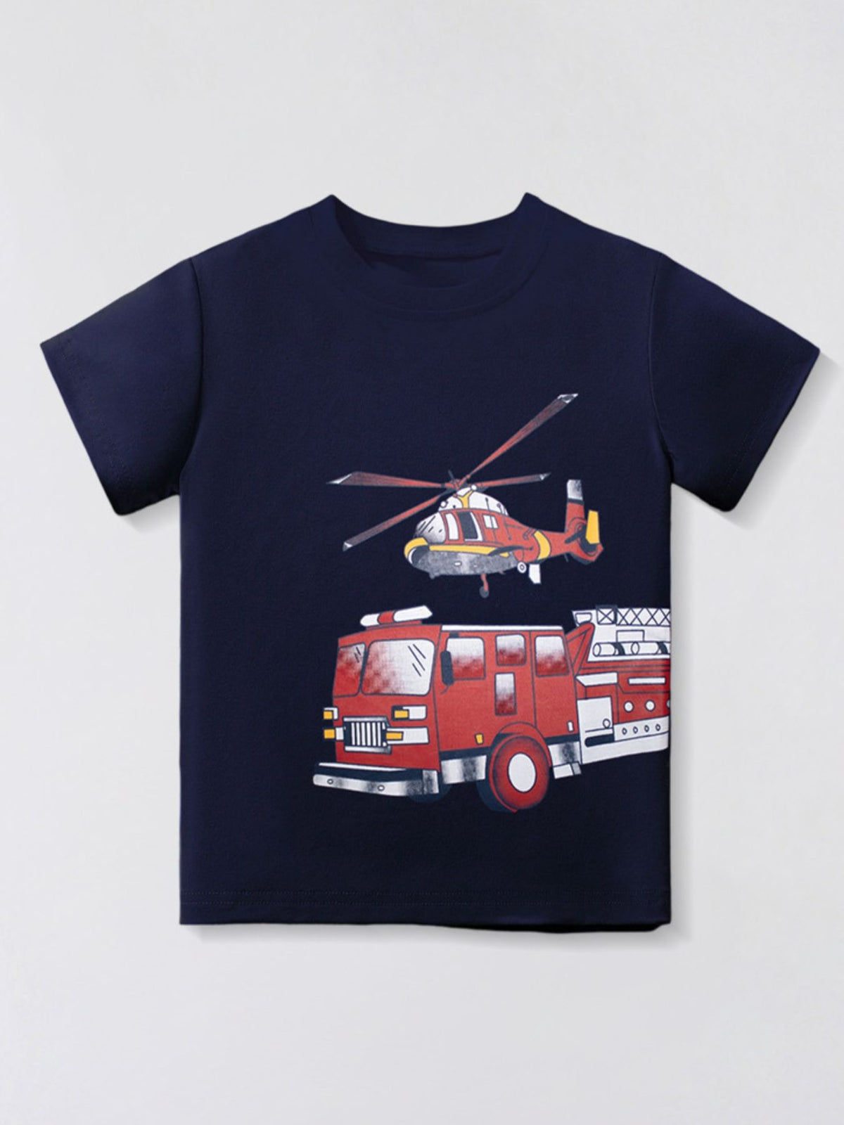 Navy cotton blend crew neck t-shirt with a graphic of a red fire truck and a helicopter.