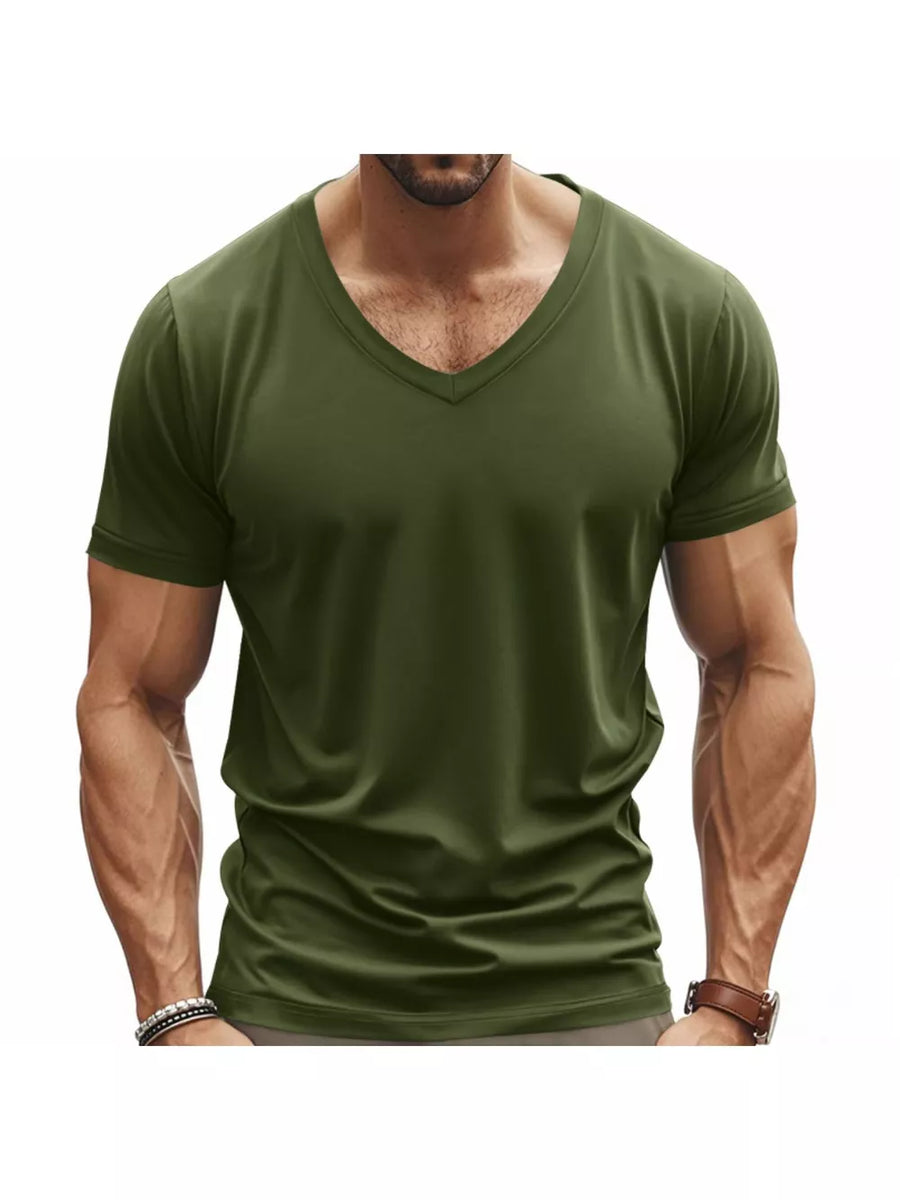 Men's military green slim fit v-neck t-shirt with short sleeves.