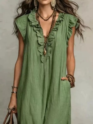 Army green ruffled V-neck maxi dress with pockets and short sleeves.