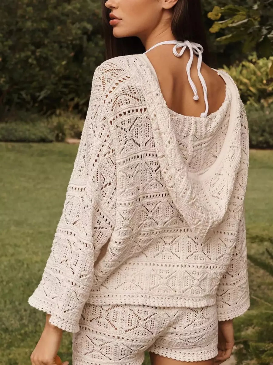 Openwork Hooded Knit Top And Shorts Set option 5