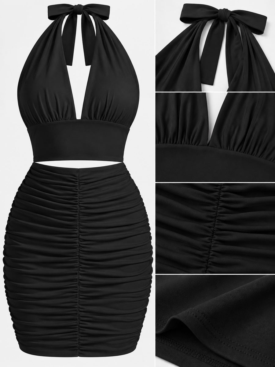 Halter Crop Top And Ruched Mini Skirt Set in White with ruched