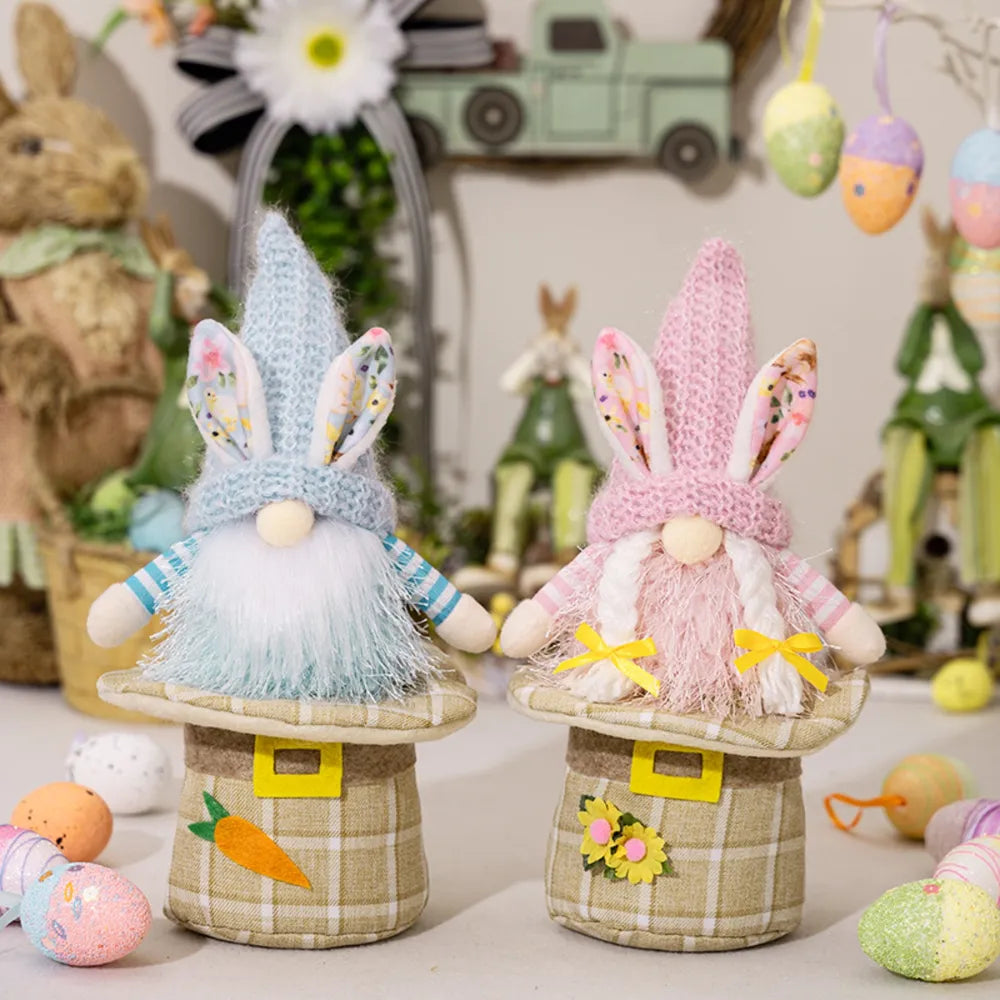 Easter gnomes in light blue and blush pink with bunny ears and plaid bases.