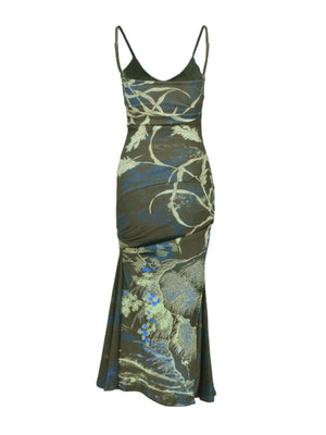 Botanical print spaghetti strap maxi dress in brown with blue floral accents, ruched bodice, and mermaid hem.