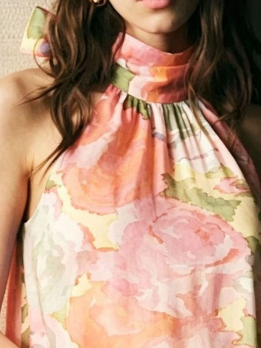 Floral Print Sleeveless Mini Dress Plus Size in Apricot