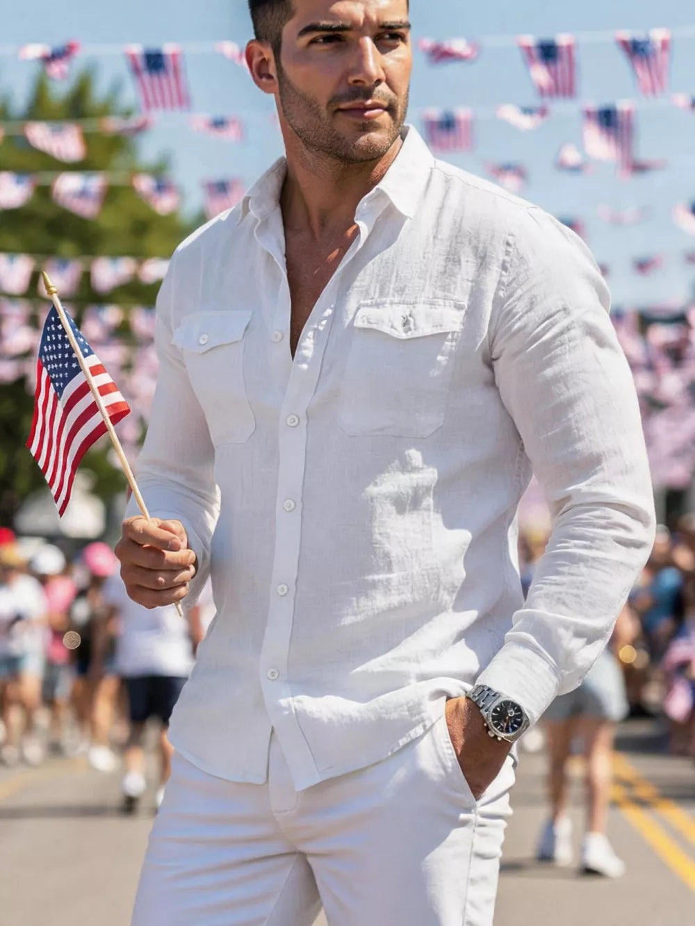 White casual button-up shirt with two chest pockets and buttoned cuffs.