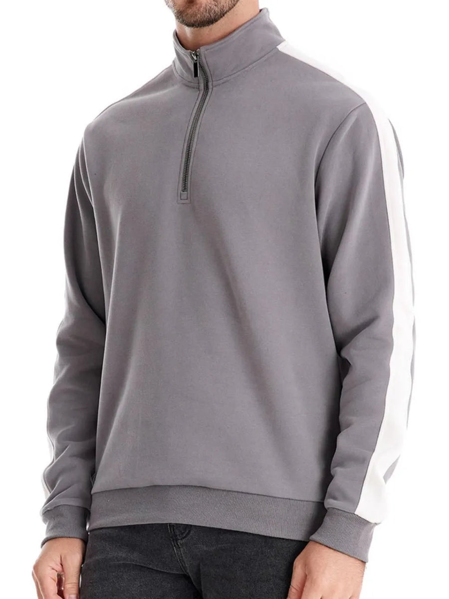 Gray quarter-zip sweatshirt with white side panels and a stand-up collar.