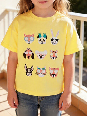 Yellow toddler t-shirt with a playful animal faces graphic print, crew neck, short sleeves.