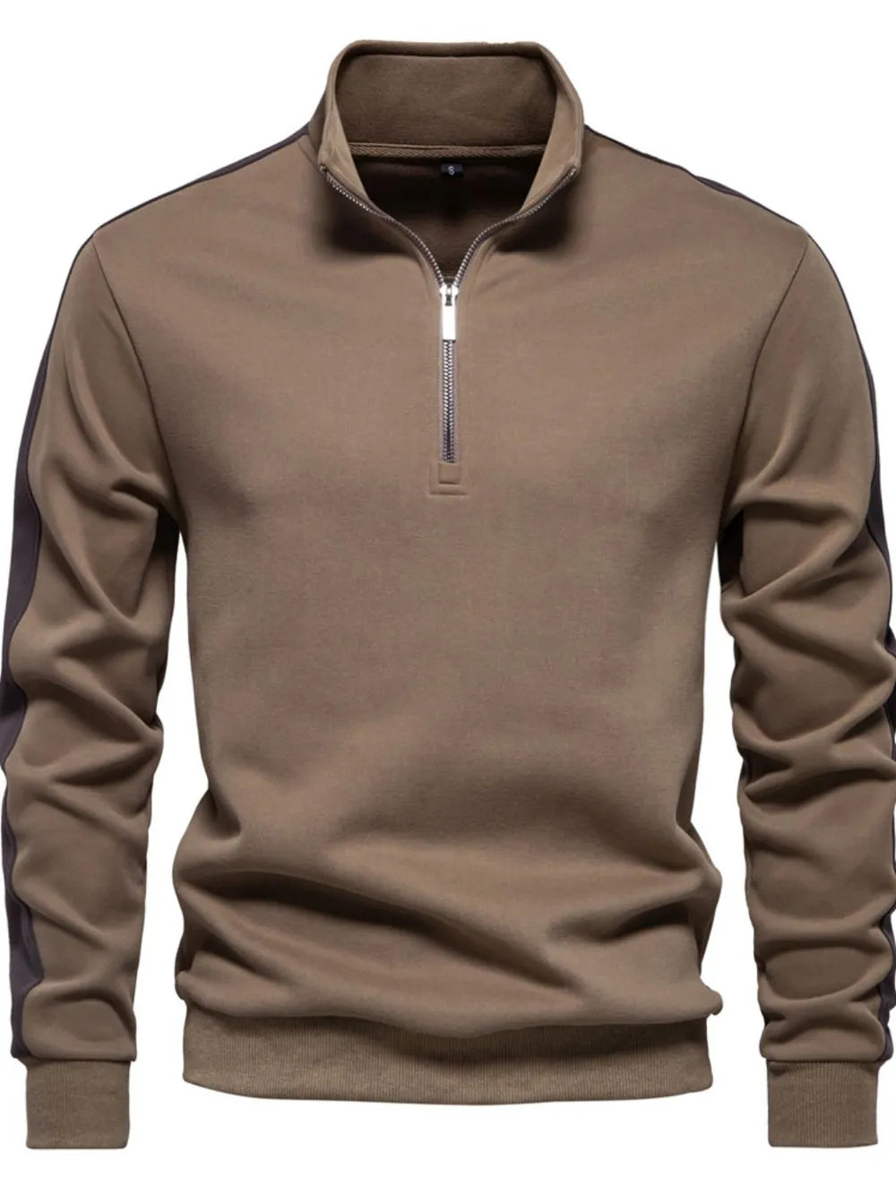 Taupe quarter-zip sweatshirt with dark paneling on sleeves and a stand-up collar.