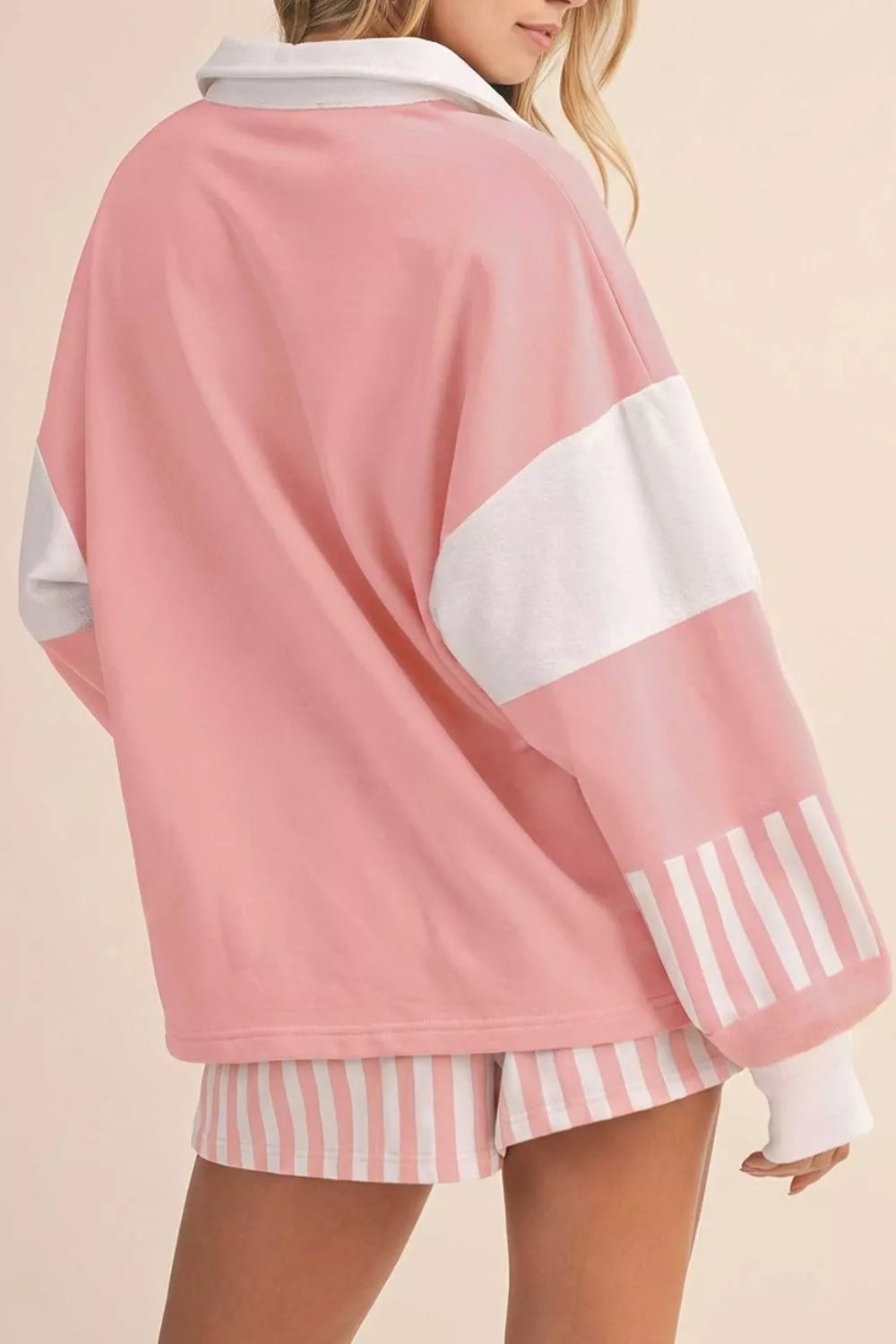 Color Block Polo Shirt And Striped Shorts Set in Pale Blush