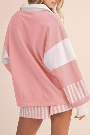 Color Block Polo Shirt And Striped Shorts Set in Pale Blush