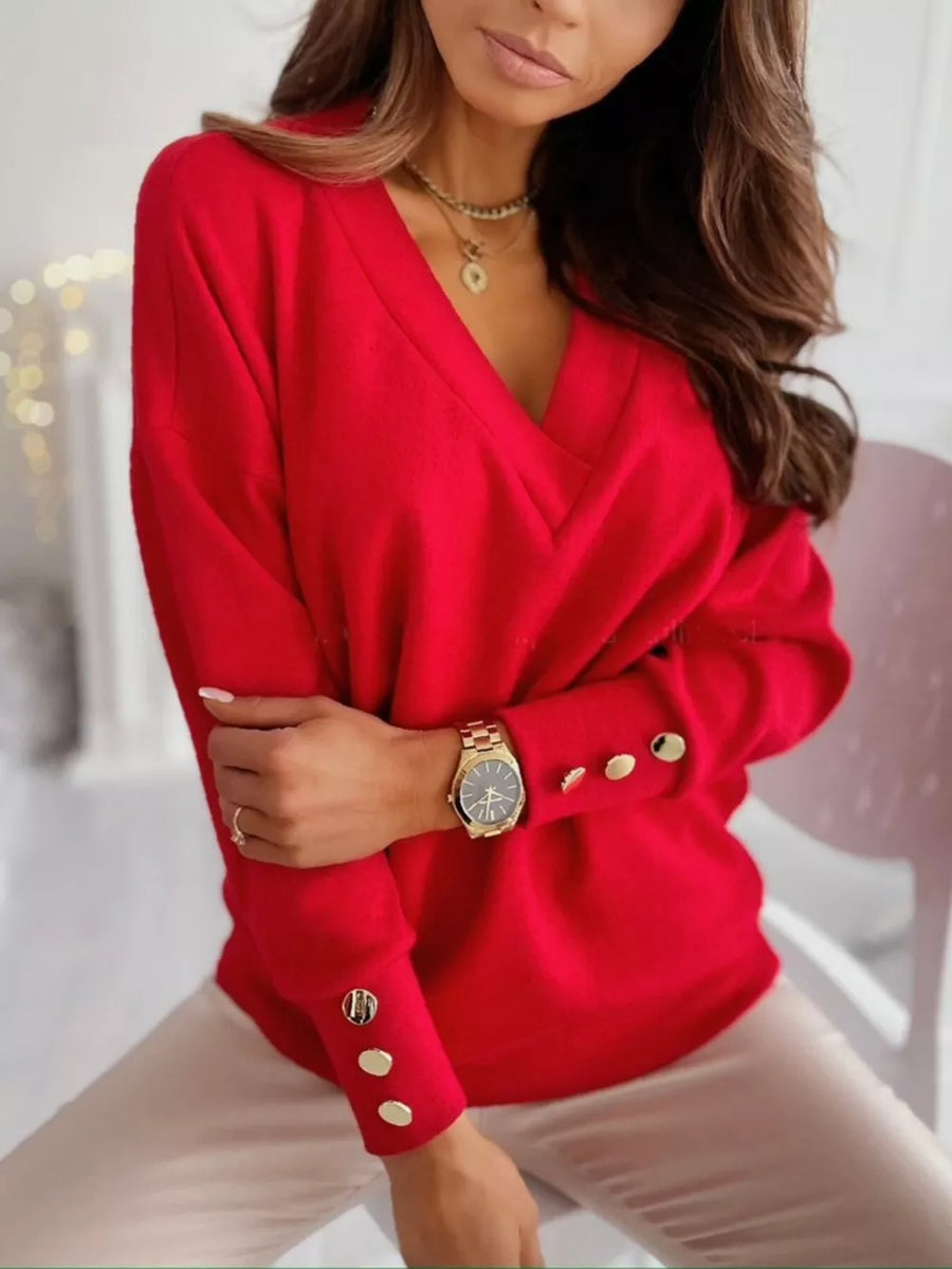 V-neck Button Cuff Blouse in Black